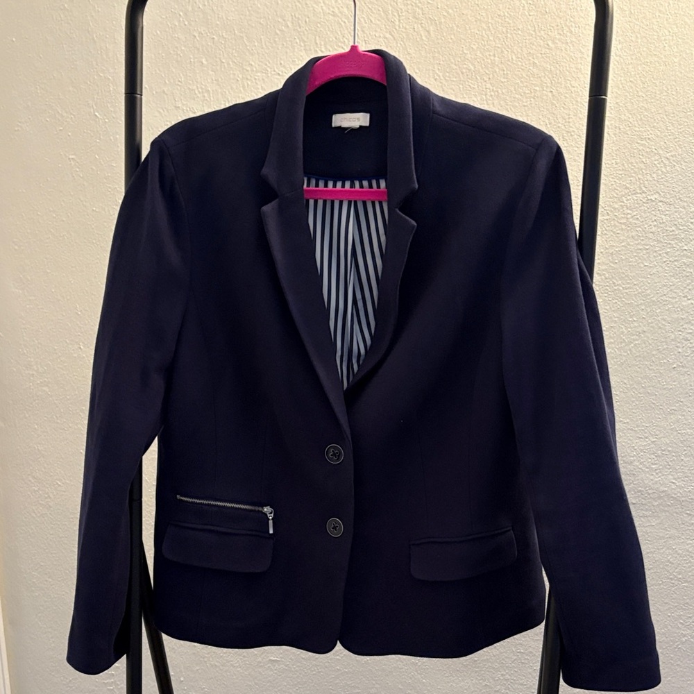 Chico's Dark Blue Women's Blazer with Striped Lining
